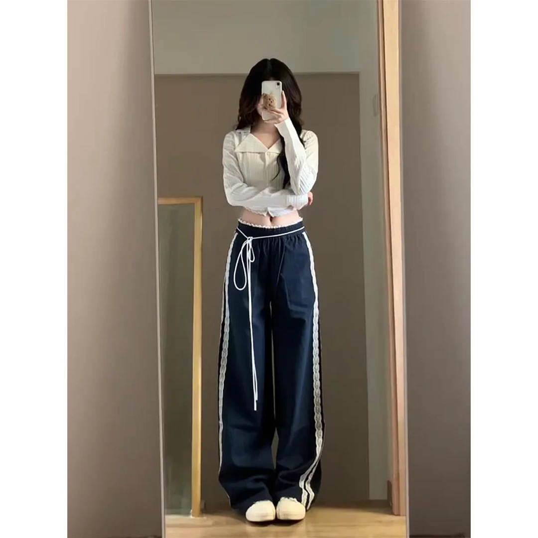 雪千羽美式辣妹工装裤女2025新款宽松设计感拼接条纹休闲运动裤子