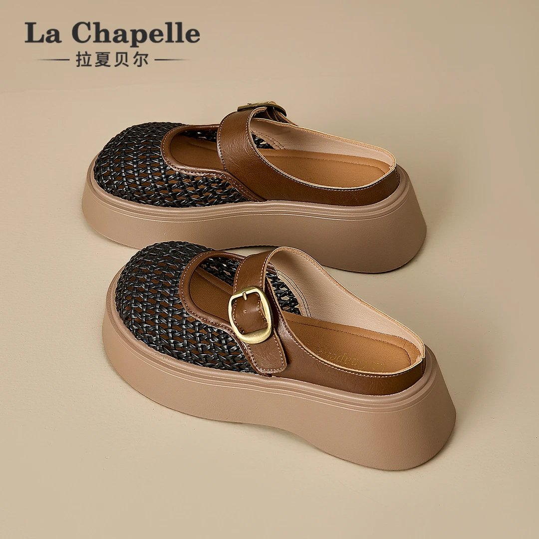 拉夏贝尔厚底包头半拖鞋女2025冬季新款外穿镂空网鞋一脚蹬凉拖鞋
