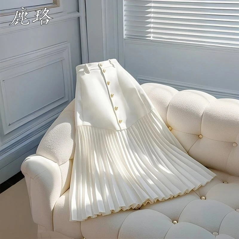 今年流行独特漂亮梨型身材高腰遮胯显瘦白色拼接百褶a字半身裙女