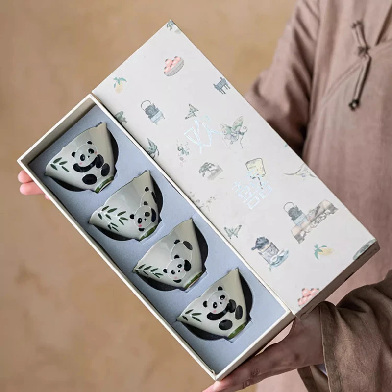 木灰纯手绘熊猫斗笠杯功夫茶具主人茶杯中式品茗杯礼盒套装