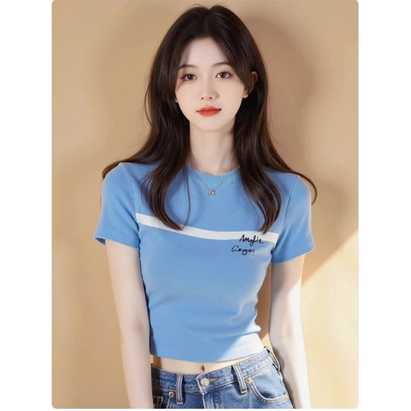 甜辣妹蓝色条纹短袖T恤女夏季2025新款独特别致设计感修身上衣潮
