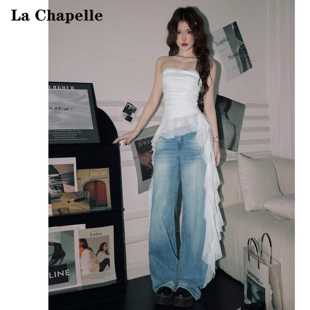 拉夏贝尔白色不规则设计抹胸女2025夏季薄款欧美风一字领无袖上衣