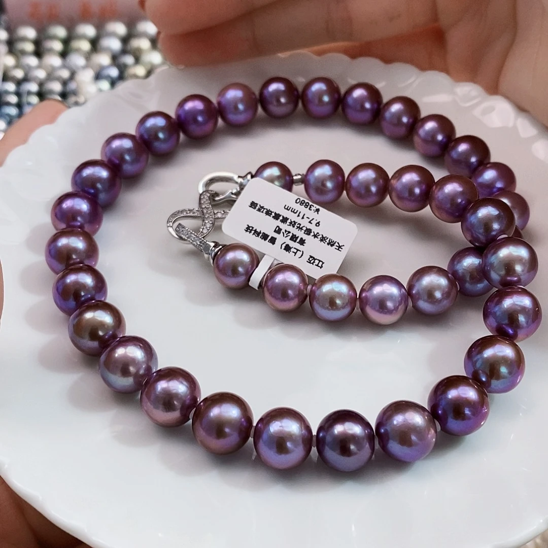 未镶嵌特价极光蓝莓紫项链9.7-11m m淡水珍珠