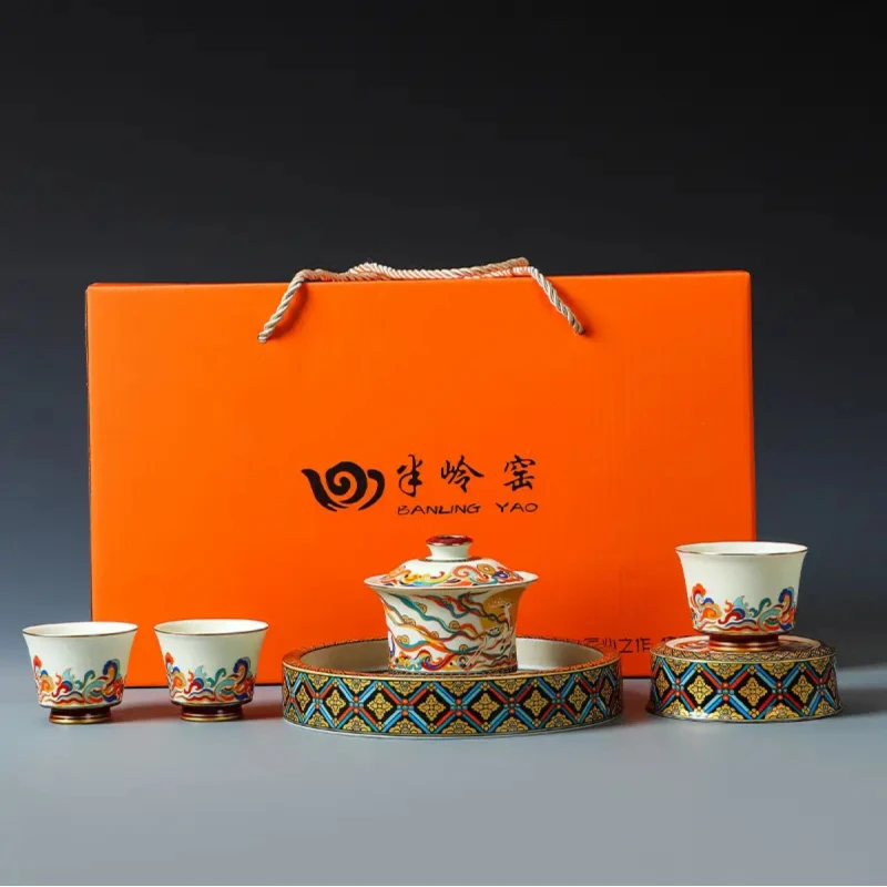 (越记窑)敦煌一鹿有钱九色鹿三才盖碗高档玻璃高级泡茶茶具-礼盒