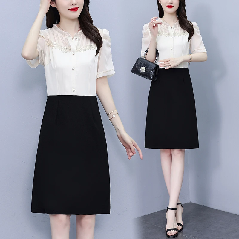 高端轻奢2025夏季新款大码女装显瘦裙子短袖时尚拼接假两件连衣裙