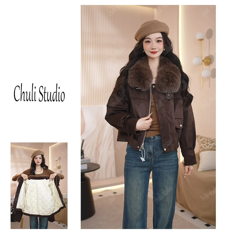 【ChuLi】专柜品质咖色设计感大毛领羽绒服2025冬季复古保暖外套