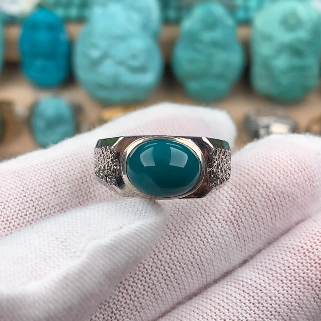 绿松石配饰银S925镶嵌男戒可调节