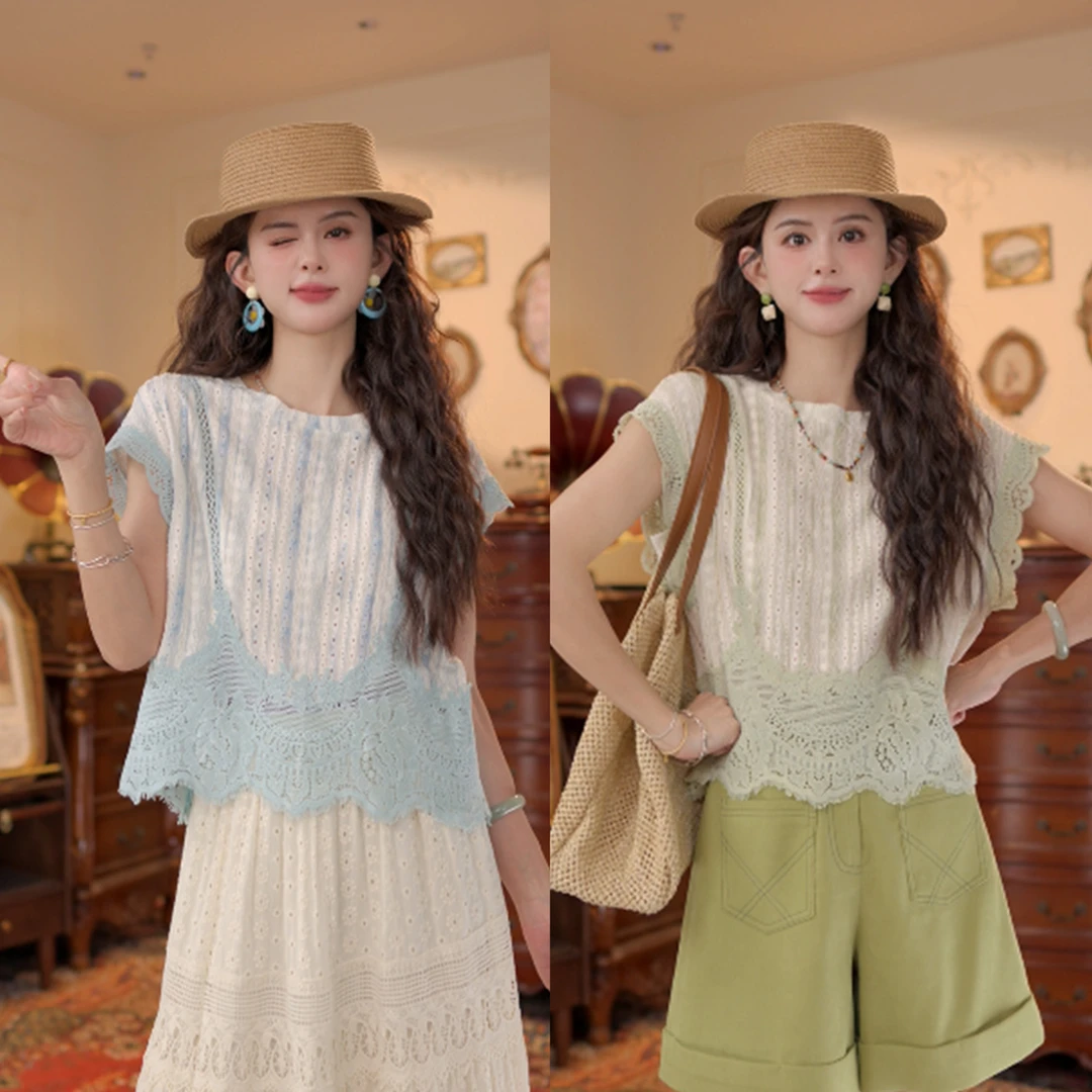 陈大器【薄荷青柚】港风复古蕾丝拼接镂空短袖T恤休闲上衣JK0726100