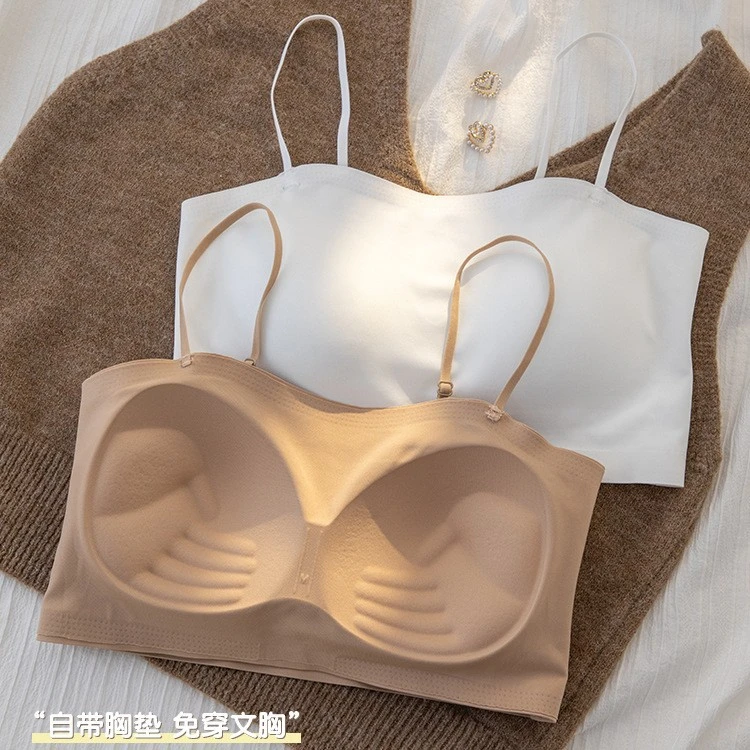 美背抹胸裹胸内衣薄款吊带背心内搭聚拢固定杯带黑色大胸红色内衣