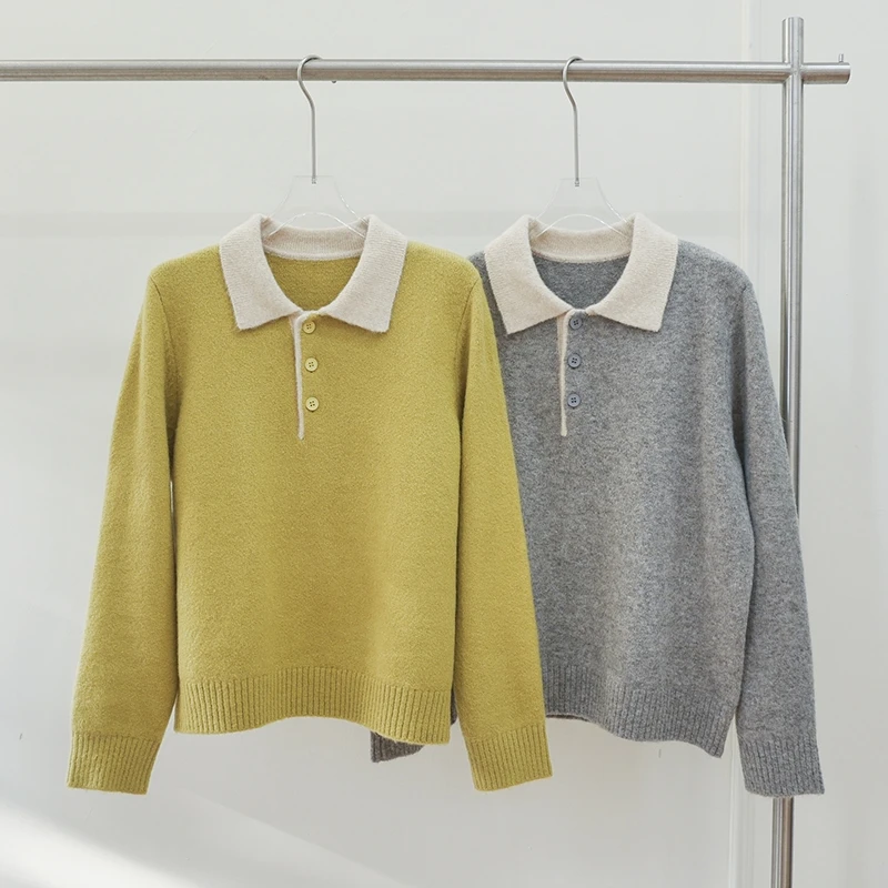 【朵儿studio】撞色翻领针织套头毛衣外套 A016