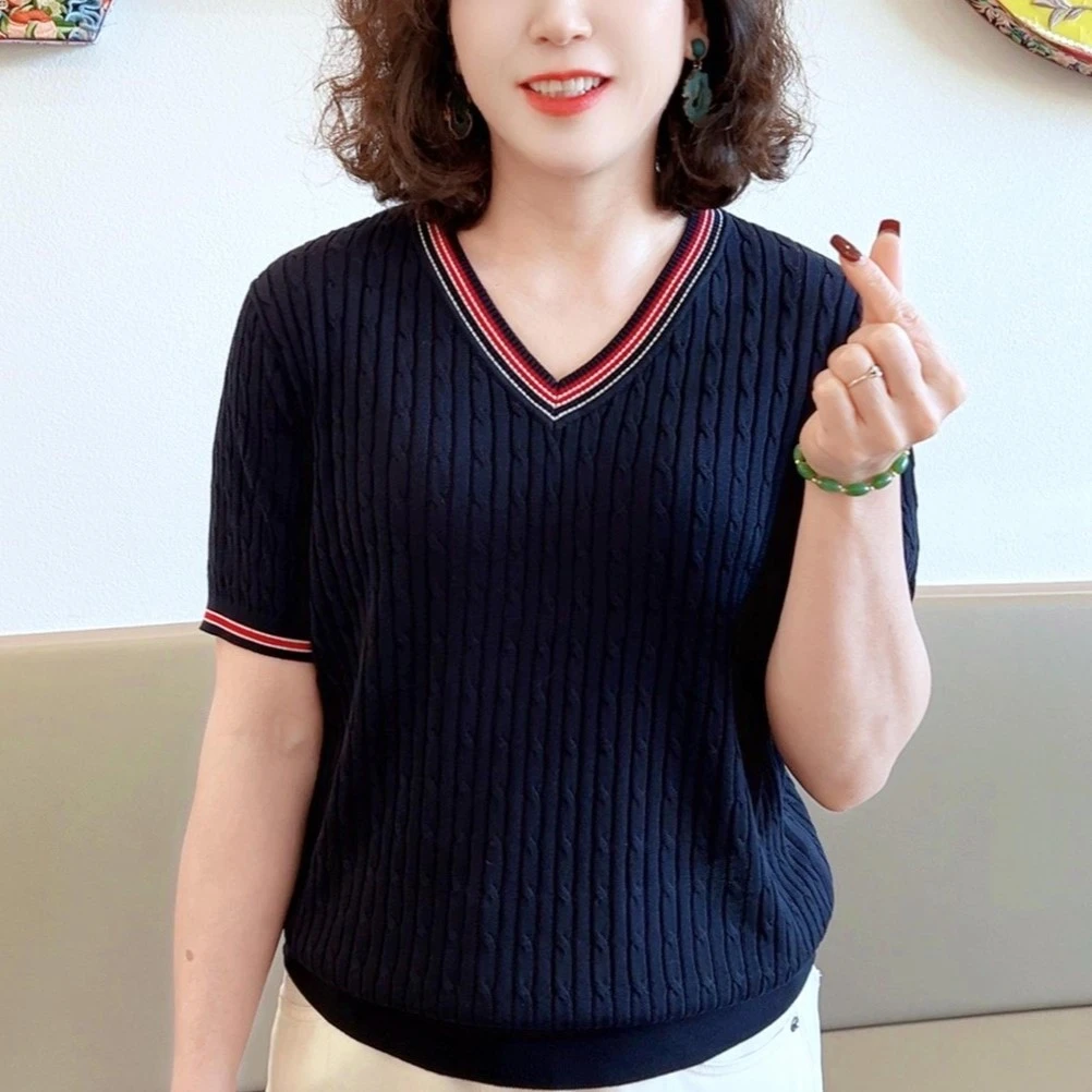 小香风拼色妈妈针织衫2025夏装新款薄款透气遮肚洋气小衫短袖T恤