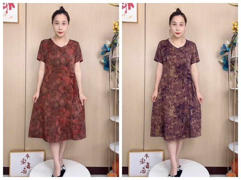 夏季妈妈连衣裙薄款短袖V领碎花宽松遮肚大码裙子时尚中老年女装