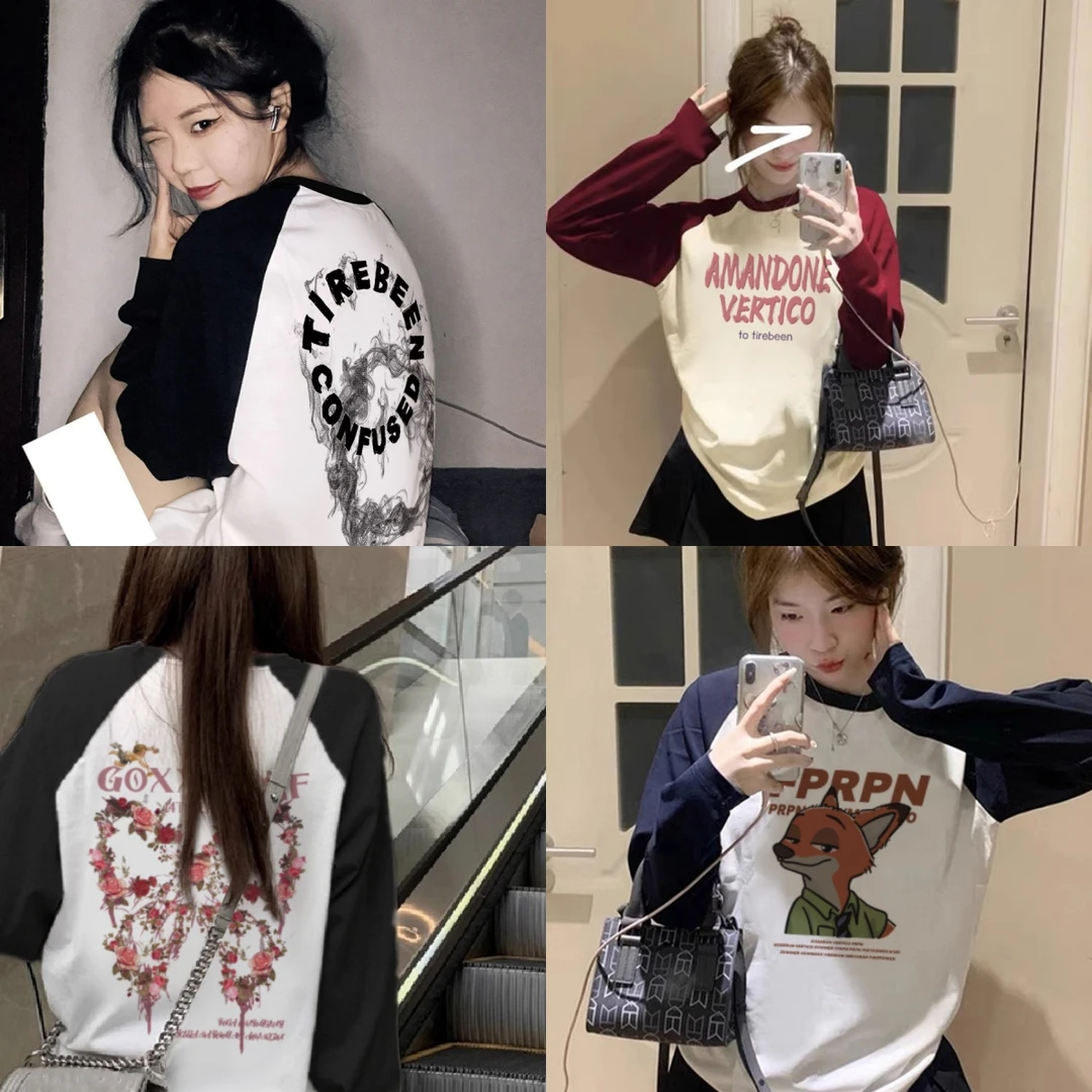 【洛美美专属】美式小众纯棉插肩袖t恤百搭休闲圆领长袖印花上衣