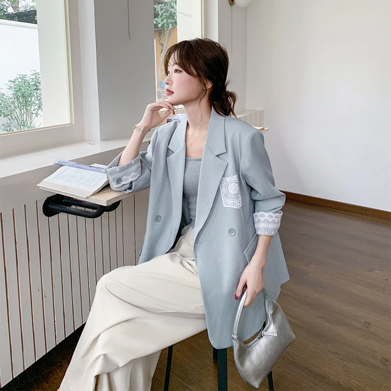 蓝色蕾丝拼接休闲西装外套女减龄百搭气质小西服高级感独特温柔风