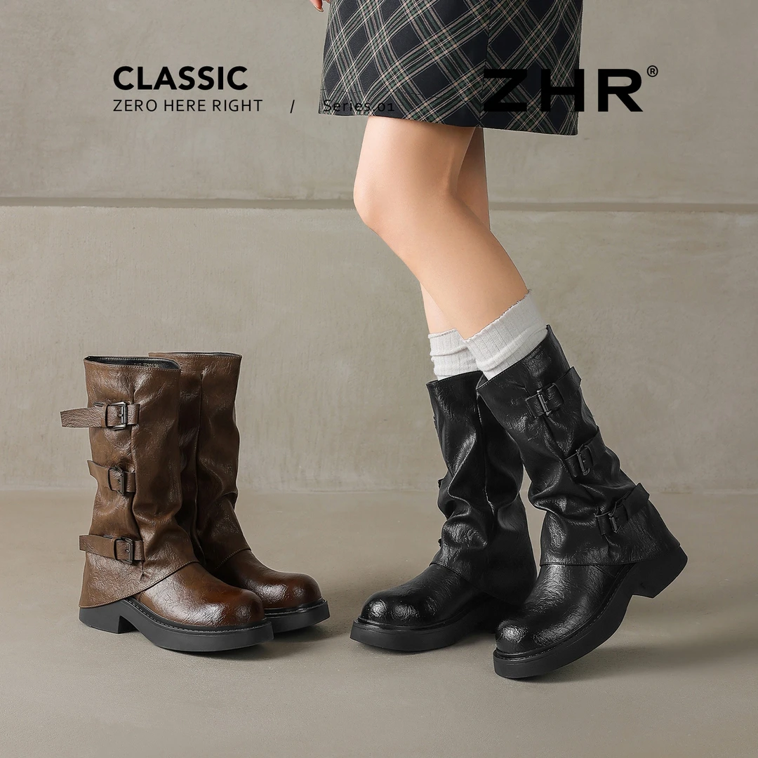 新款女鞋网红款短靴裤管靴皮带扣骑士靴女堆堆靴粗跟美拉德靴子