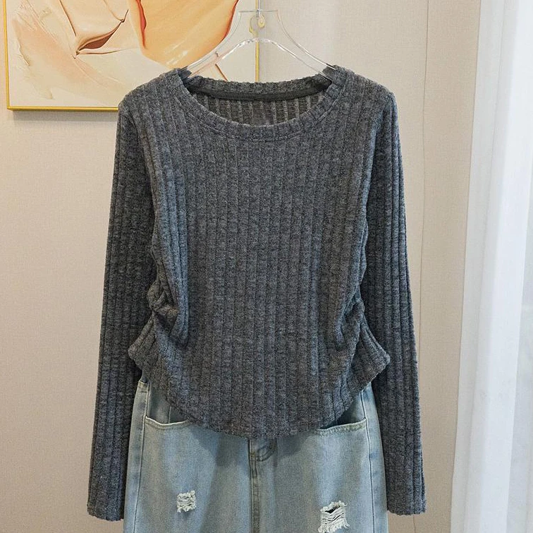 打底衫上衣女2025秋冬新款纯色捏褶设计感简约休闲洋气减龄上衣女