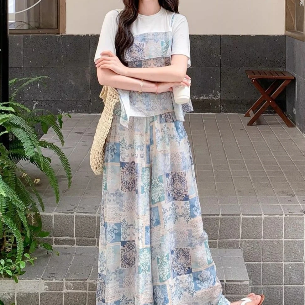 夏季新款拼接印花短袖上衣休闲宽松阔腿裤套装T恤女款