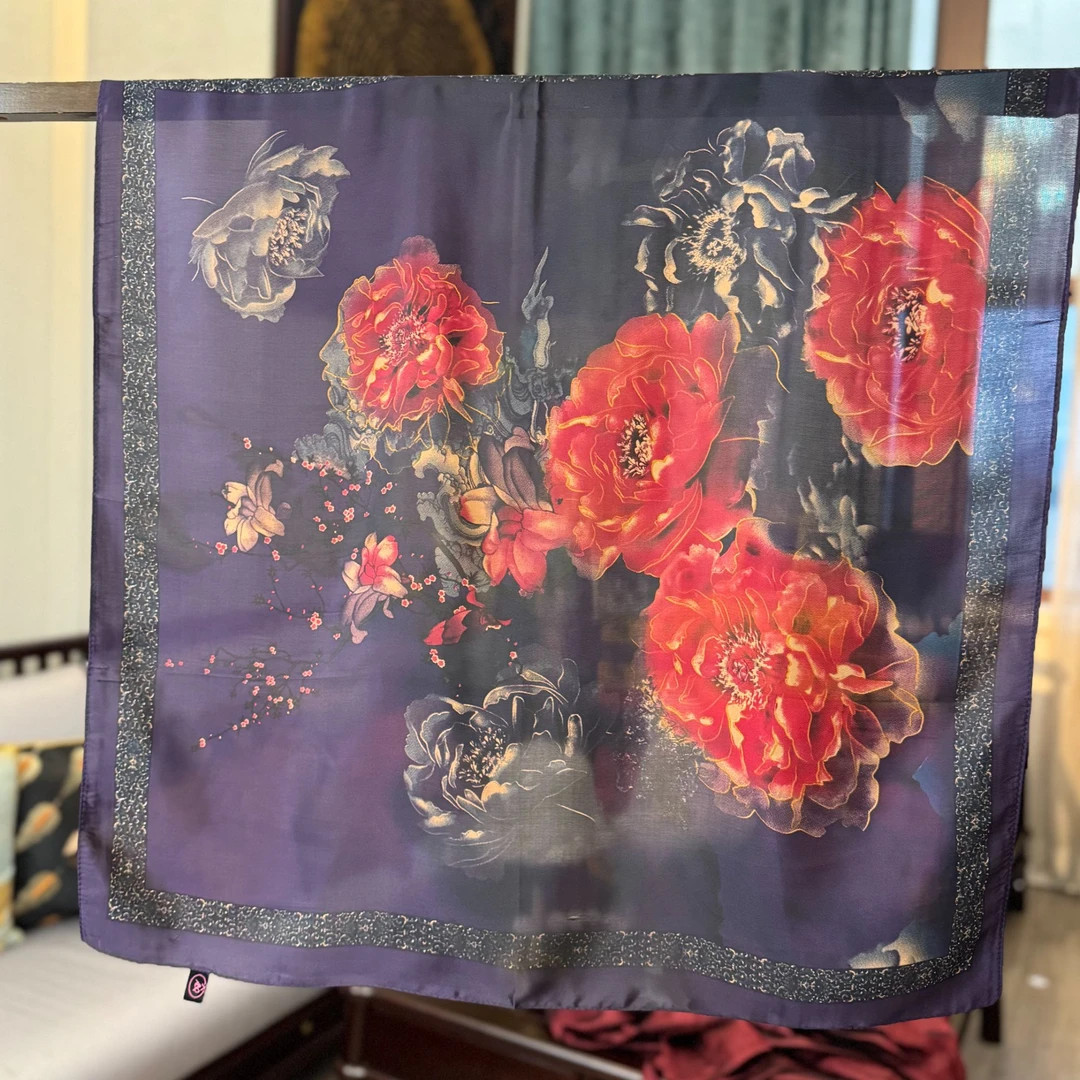 【A54-39 紫韵富贵】70*70缎面高端定制国风提花百搭丝巾中国风