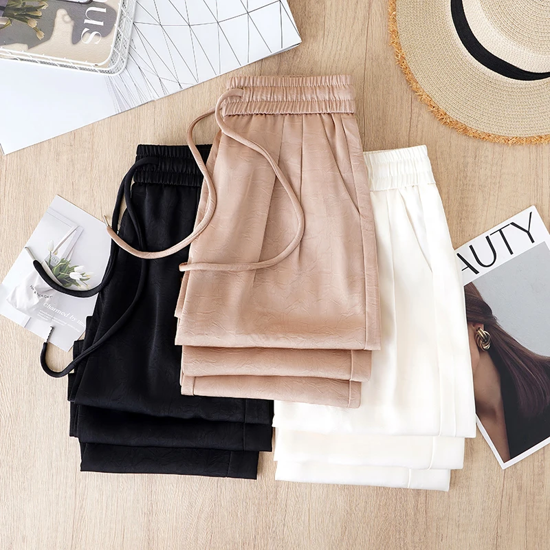 冰丝醋酸阔腿裤女2025新款夏季薄款小个子垂感休闲透气窄版直筒裤