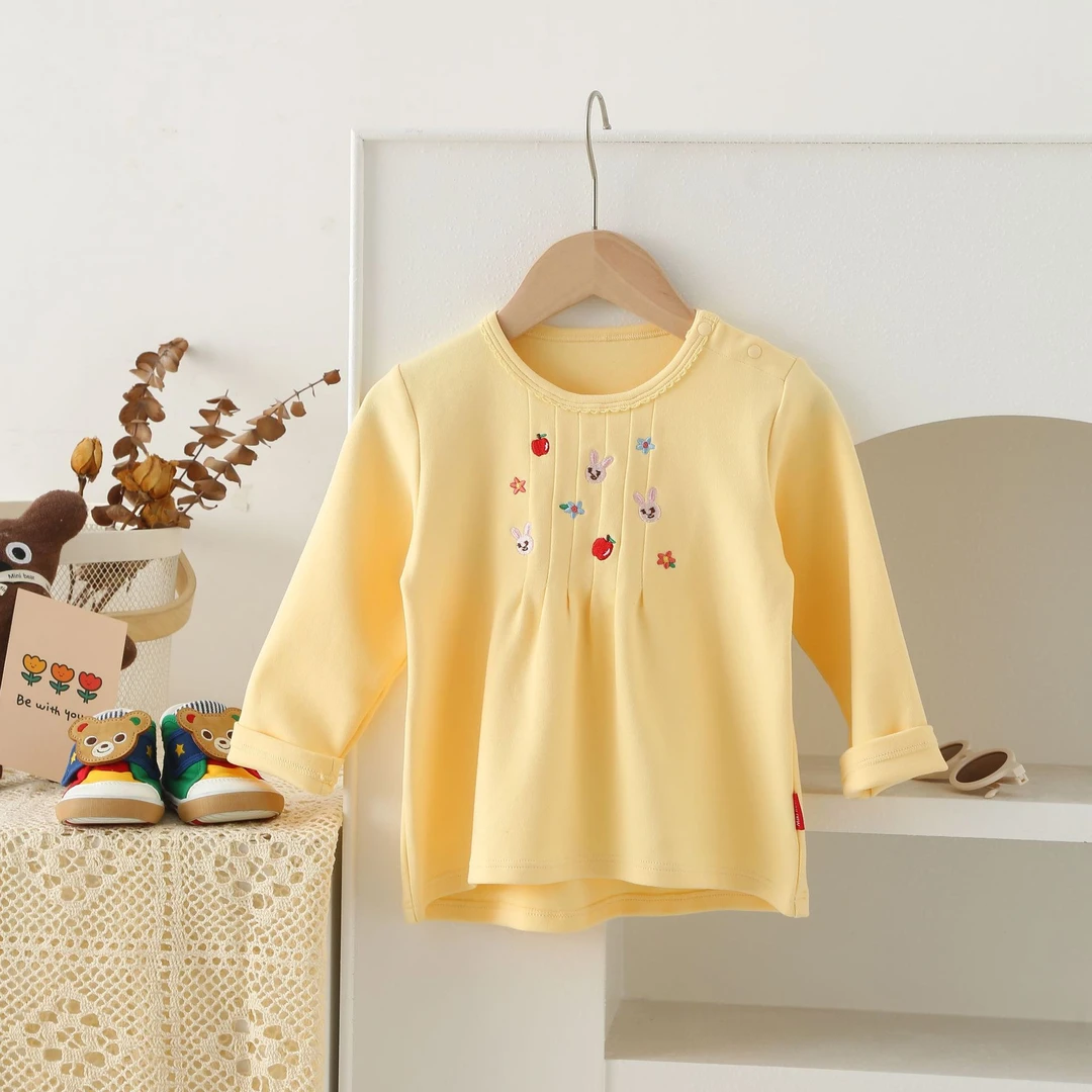 日系女童捏褶刺绣长袖打底衫