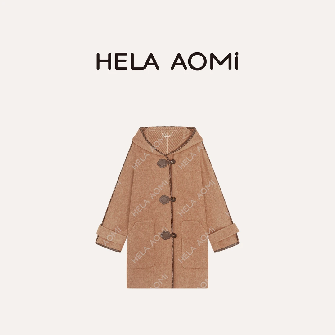 HELA AOMI “皮牛角”绵羊毛95%+骆驼绒学院风连帽大衣CY5DM08576