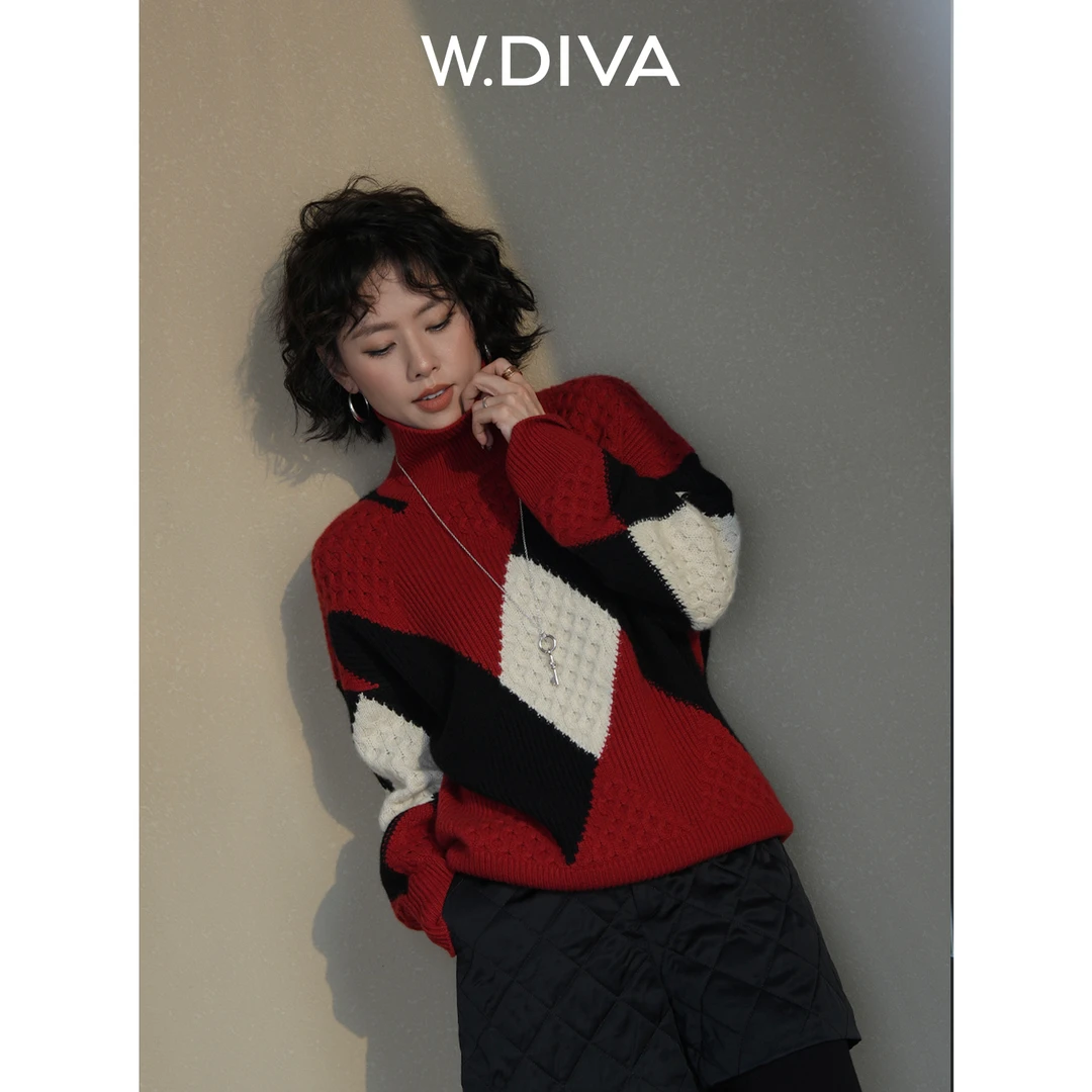 W.Diva【菱格迹】100%活挠山羊绒复古文艺奢绞花套头毛衫54Z072829
