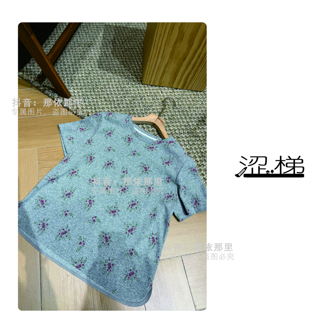 涩梯2596【女装-短袖T恤】圆弧下摆设计感圆领植物花朵短袖T恤