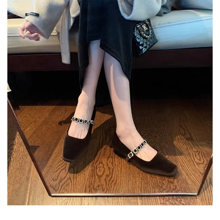 法式方头气质百搭浅口高跟鞋一字钻带低跟绒面玛丽珍单鞋