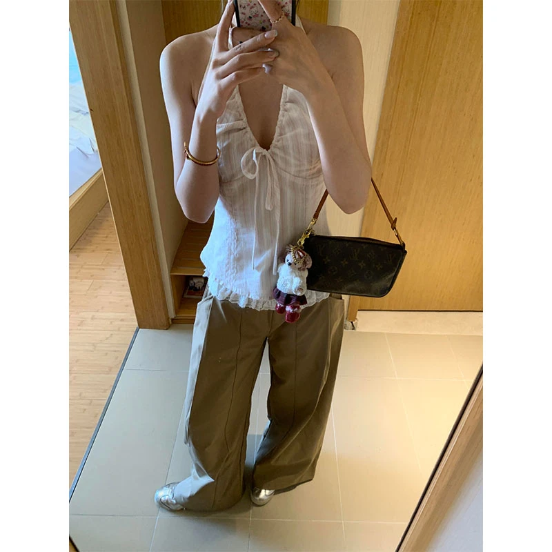 2025秋季新款修身显瘦气质时尚性感V领无袖上衣休闲宽松直筒长裤