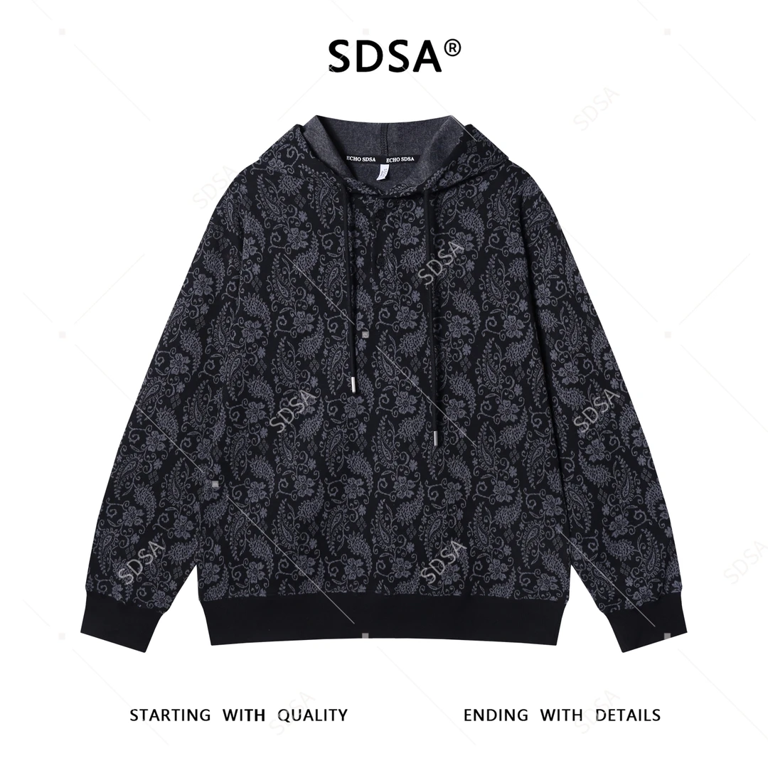 SDSA男士秋冬新款痞帅男装植物花卉撞色纽扣连帽卫衣百搭宽松上衣