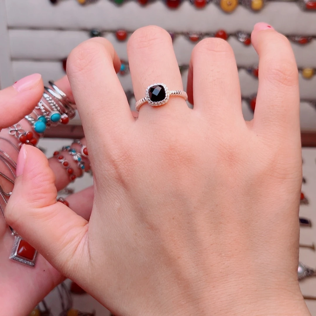 丶***)足银大理石黑色纯银戒指