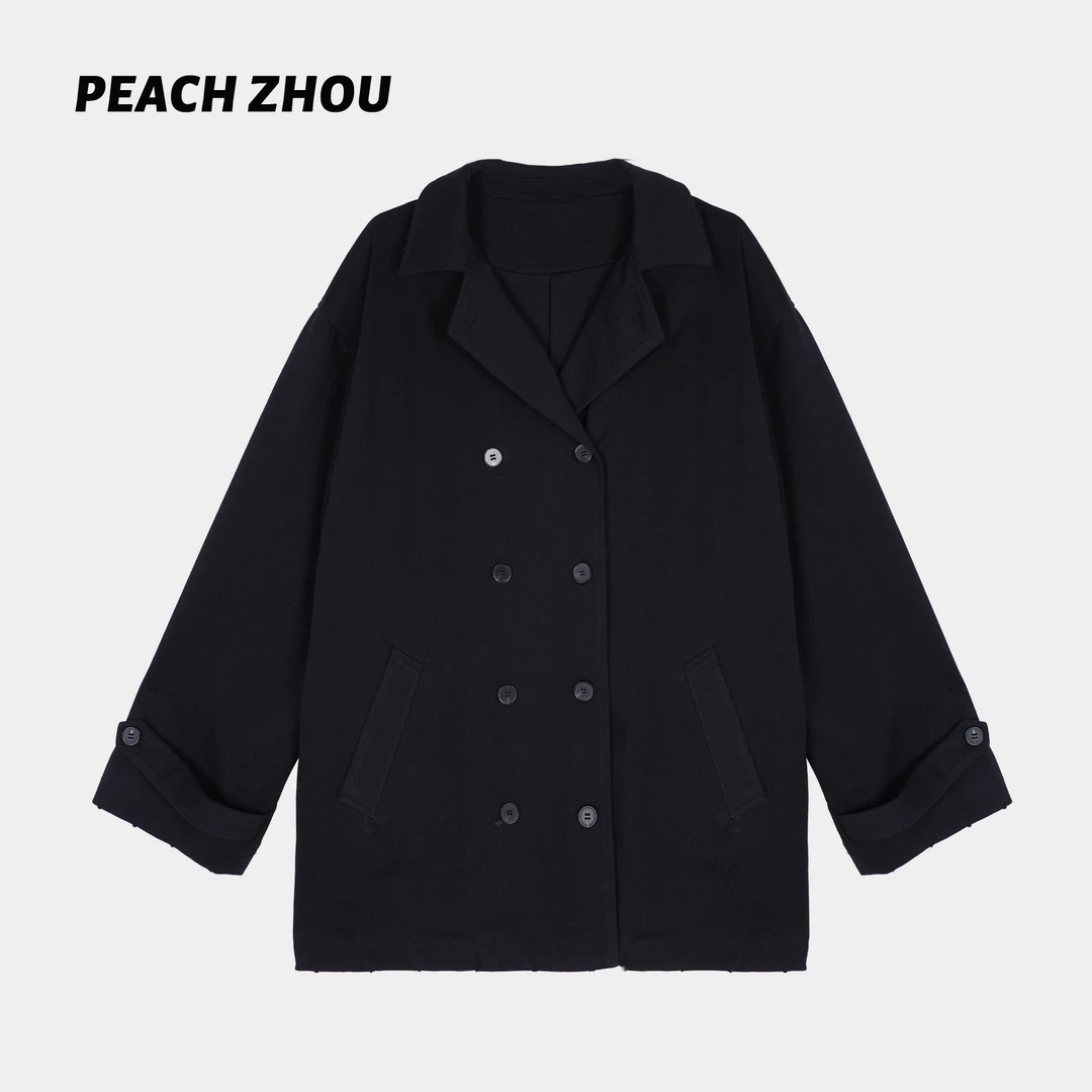 『PEACHZHOU』双排扣磨破宽松翻领中长款外套休闲通勤时装感风衣