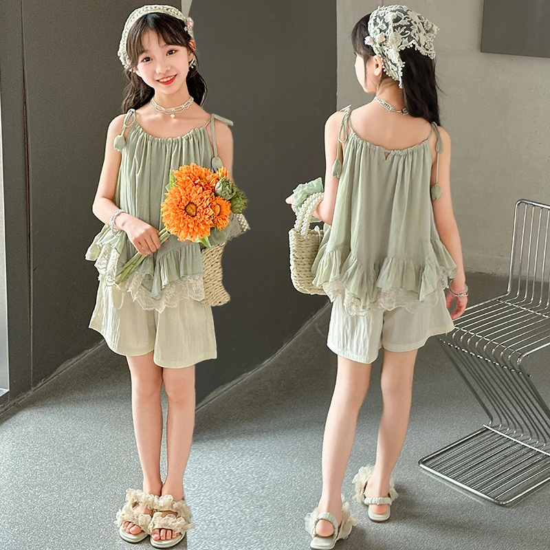 女童夏装吊带套装2025新款中大童6-12岁洋气时髦短裤无袖两件套潮