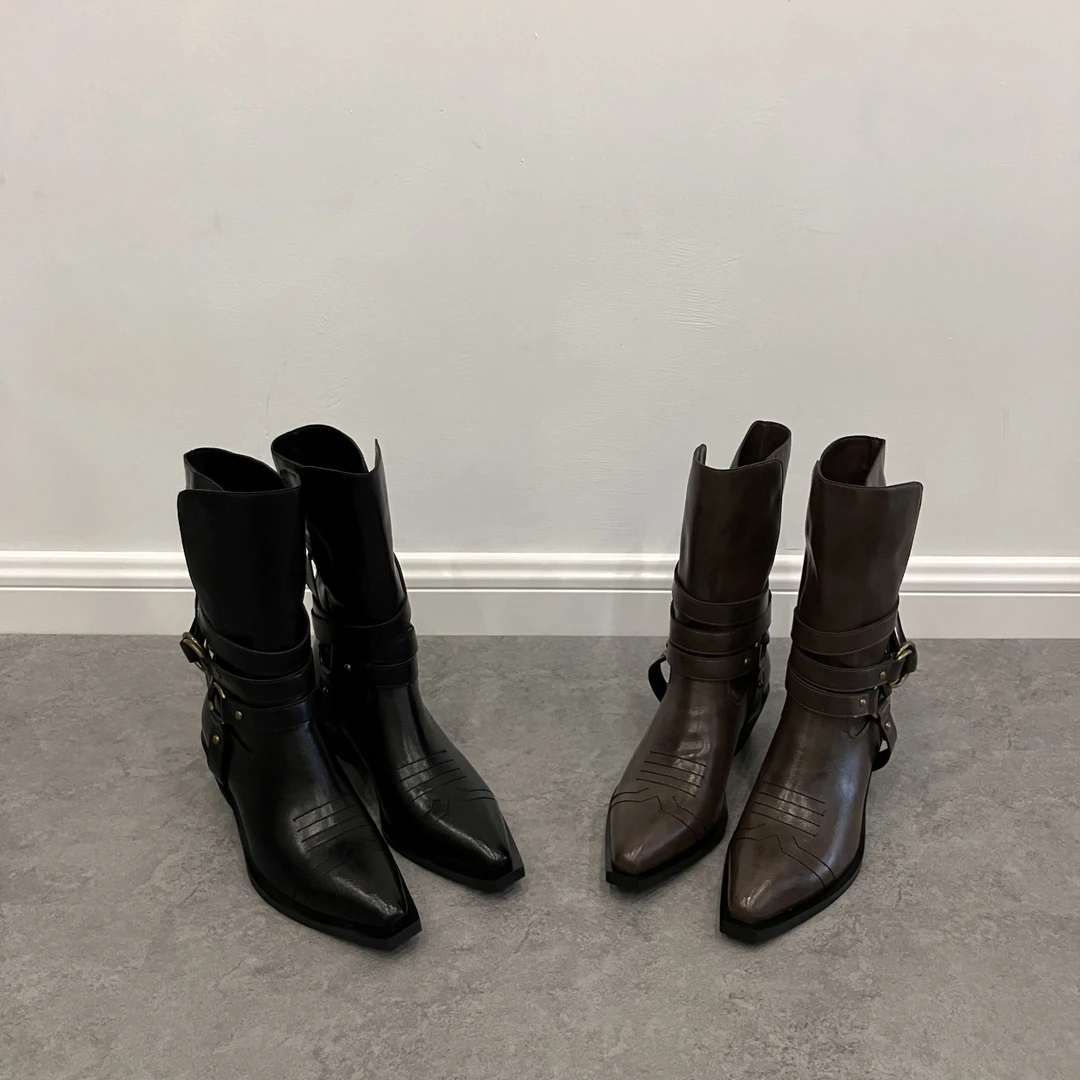 爆款复古风方头皮带扣切尔西靴秋冬新款时尚百搭气质短靴尖头靴子