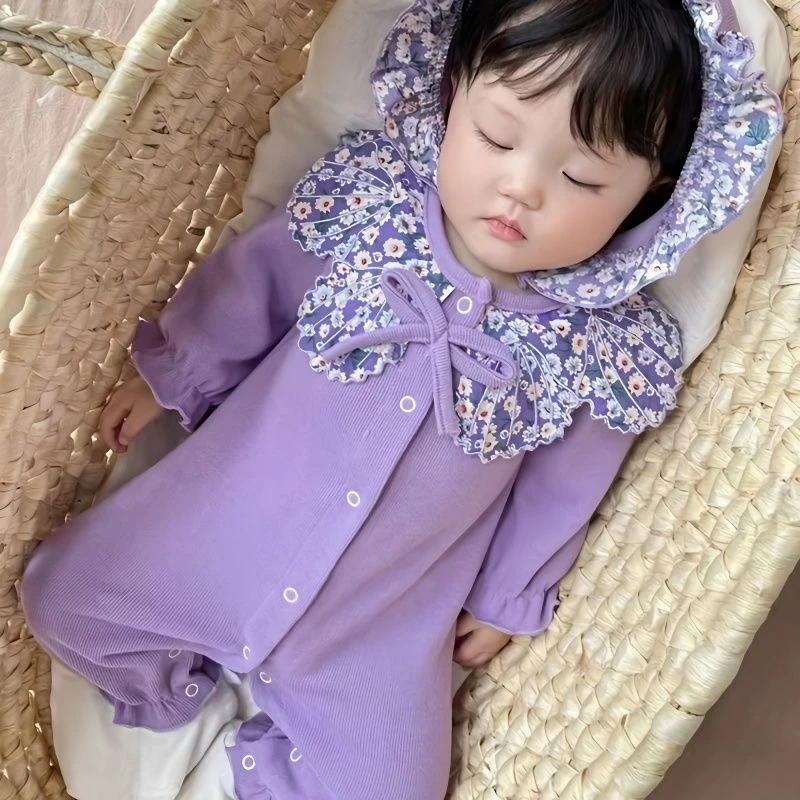 新生婴儿长袖连体衣女宝宝春秋外穿哈衣超萌爬服甜美春季外出服