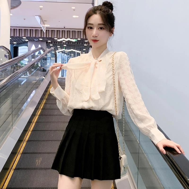 独特别致雪纺衬衫女2024秋季新款内搭打底衫法式蝴蝶结小香风上衣