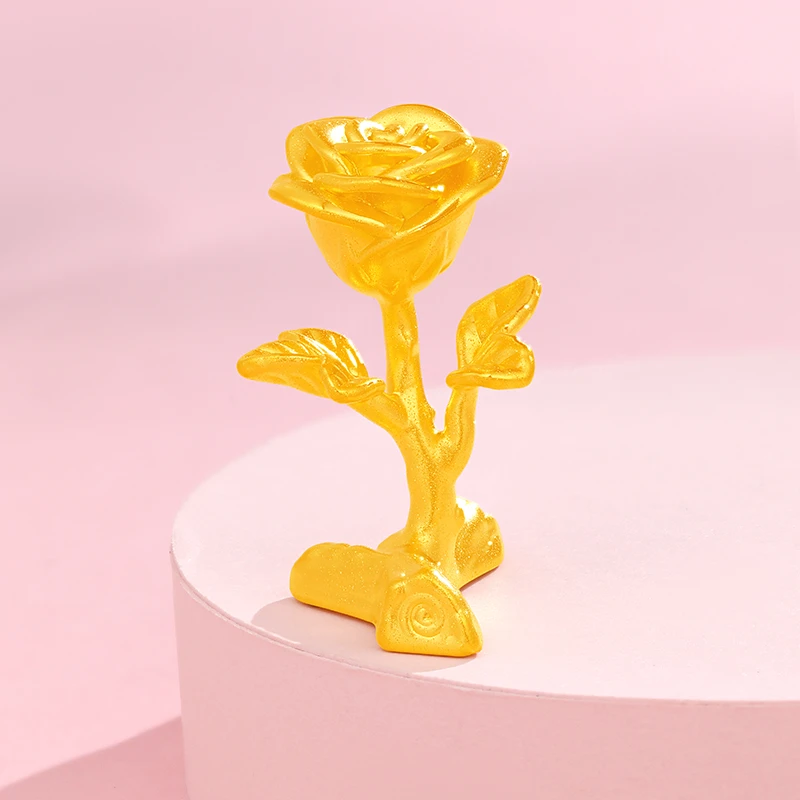 周金生黄金树枝玫瑰花永生花纯金摆件足金999生日新年礼物送女友