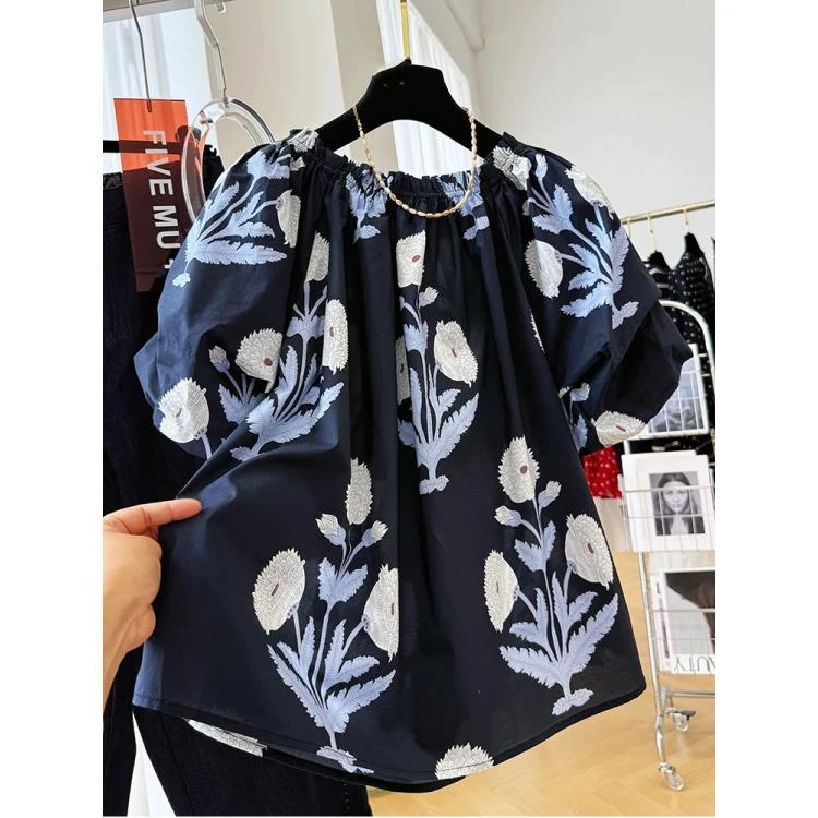【花朵衬衫】高级感轻奢复古印花泡泡短袖绝美一字肩漂亮小衫D0187