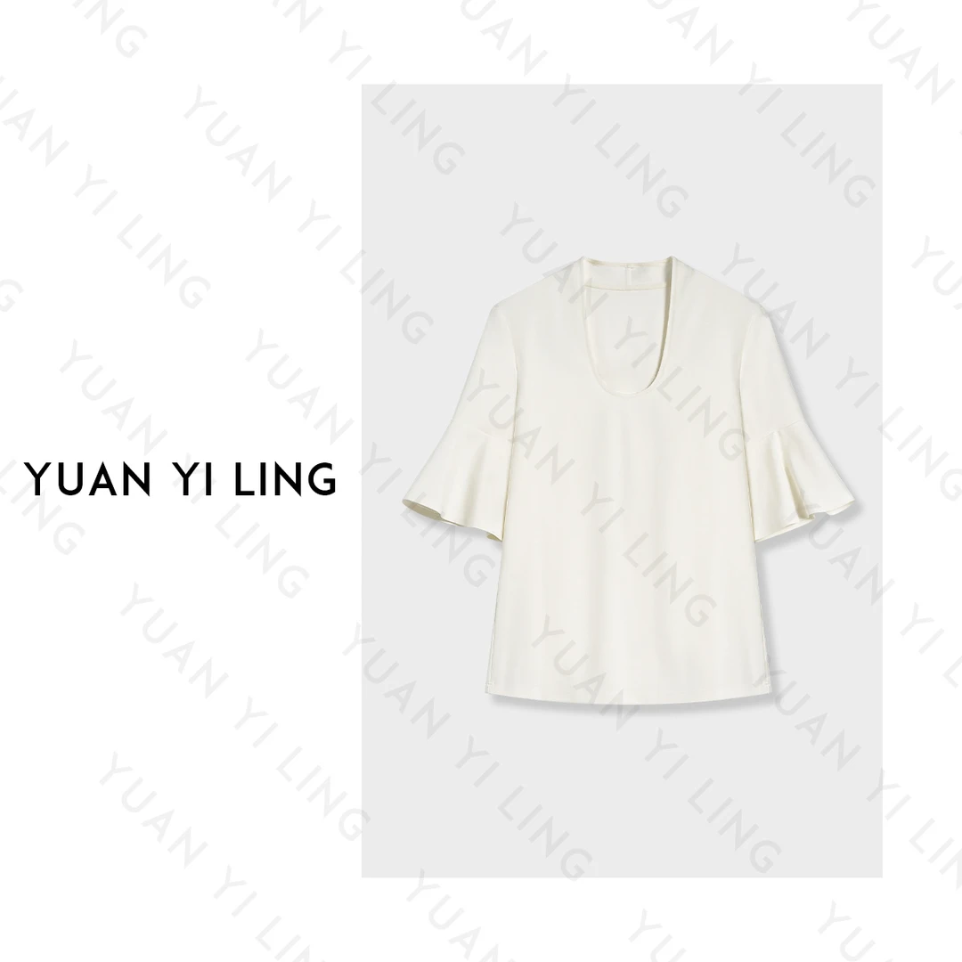 YUAN YI LING【春日花蕾】25春季新法式醋酸U型领修身花朵袖女装T恤