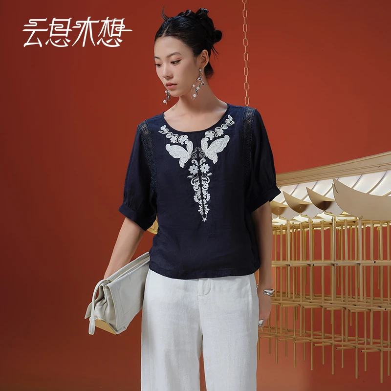 Ysimo-X云思木想 花间蝶侣 绳绣绣花肩膀蕾丝100苎麻衬衫13416