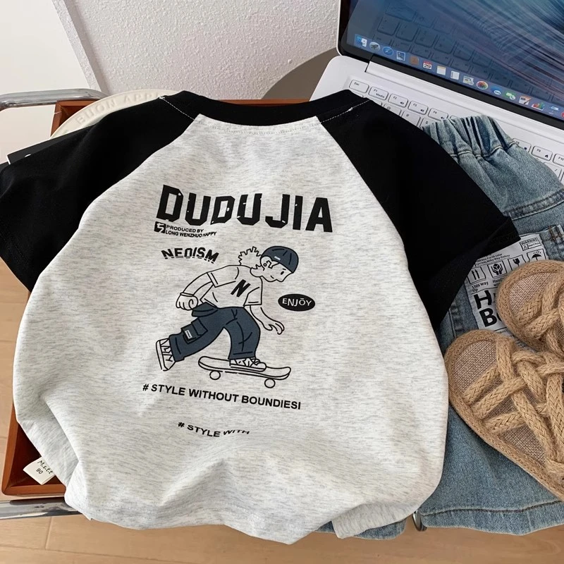 儿童时尚插肩半袖衫小男孩卡通洋气休闲夏装上衣T男童夏季短袖t恤