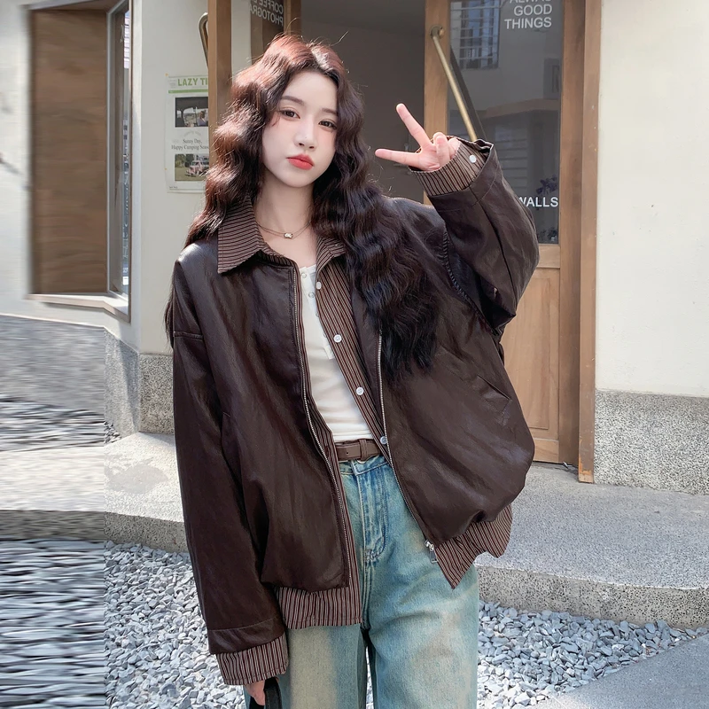 甜酷风皮衣外套女2025秋季新款设计感条纹衬衫拼接假两件皮夹克