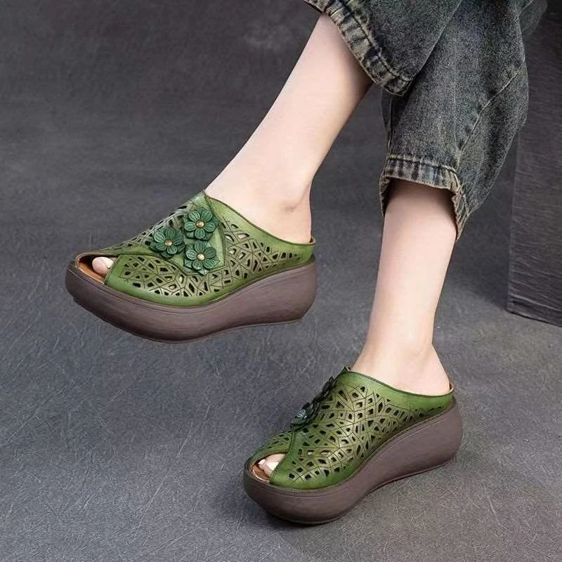 花朵低帮镂空民族风鱼嘴罗马凉鞋防滑时尚厚底包头凉拖鞋