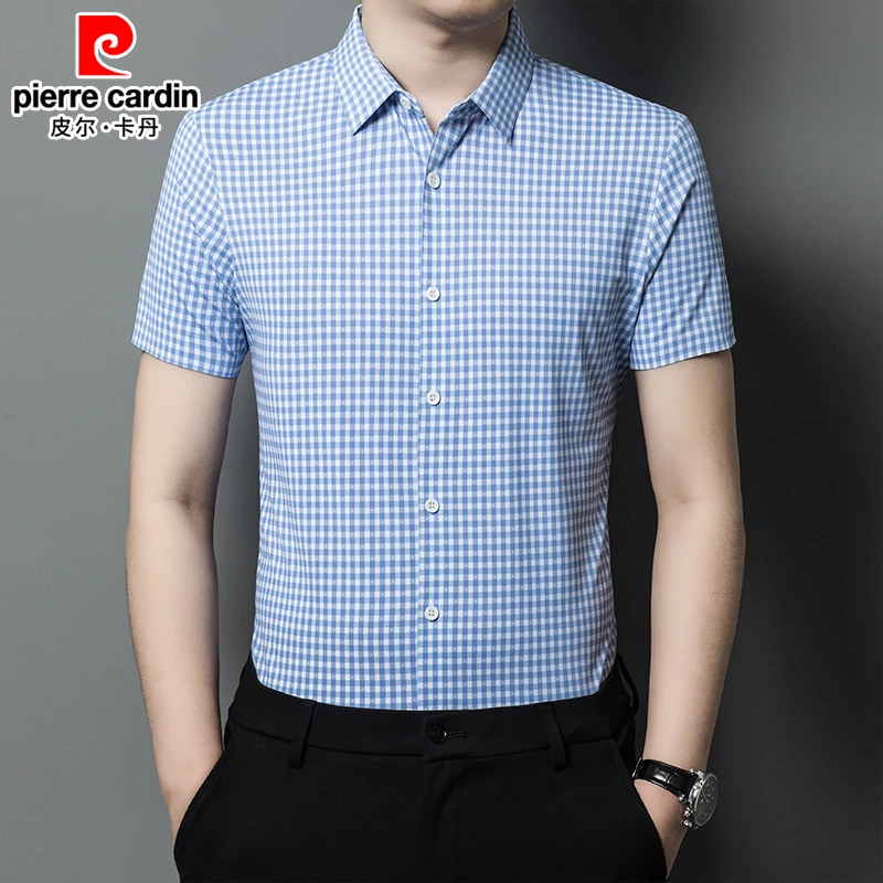 皮尔卡丹男士短袖衬衫中年时尚休闲格子夏季新款高档商务百搭衬衣