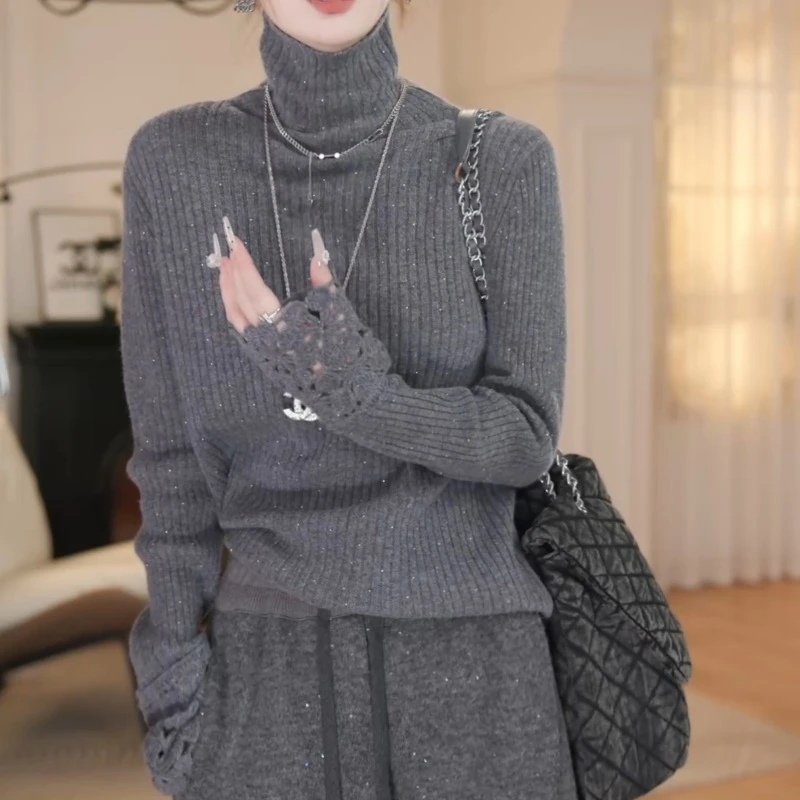 蕾丝烫钻拼接针织衫显瘦修身打底衫百搭简约LK2508648