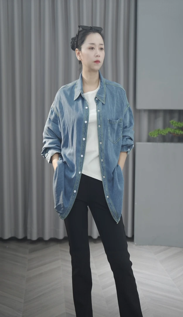 【衣长77-79】高奢桑蚕丝牛仔衬衫气质宽松女士中长款外套2545