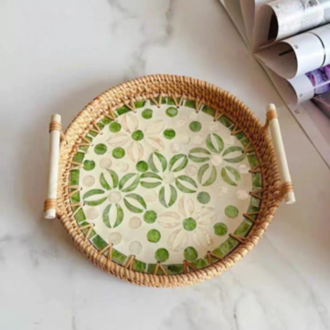 杨桃花大号 越南藤编托盘贝壳水果盘藤篮编织早餐篮日