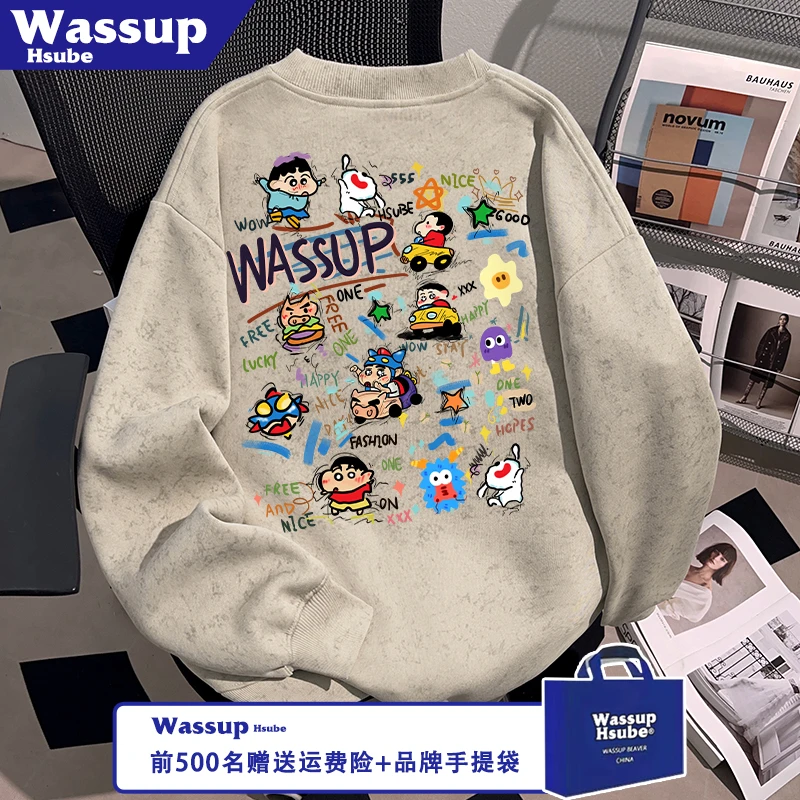 WASSUP HSUBE卡通印花重磅卫衣秋冬男女同款时尚加绒加厚蜡染上衣
