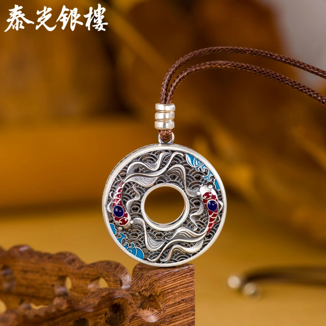 泰光银楼 吊坠足银珐琅 花丝烧蓝双鱼吊坠挂件银制品民族风