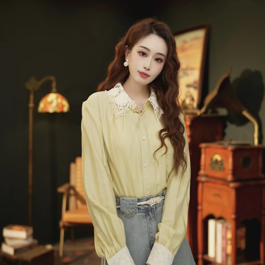 慧慧【碧空如洗】港风复古纯色长袖衬衫宽松百搭上衣YE0706190